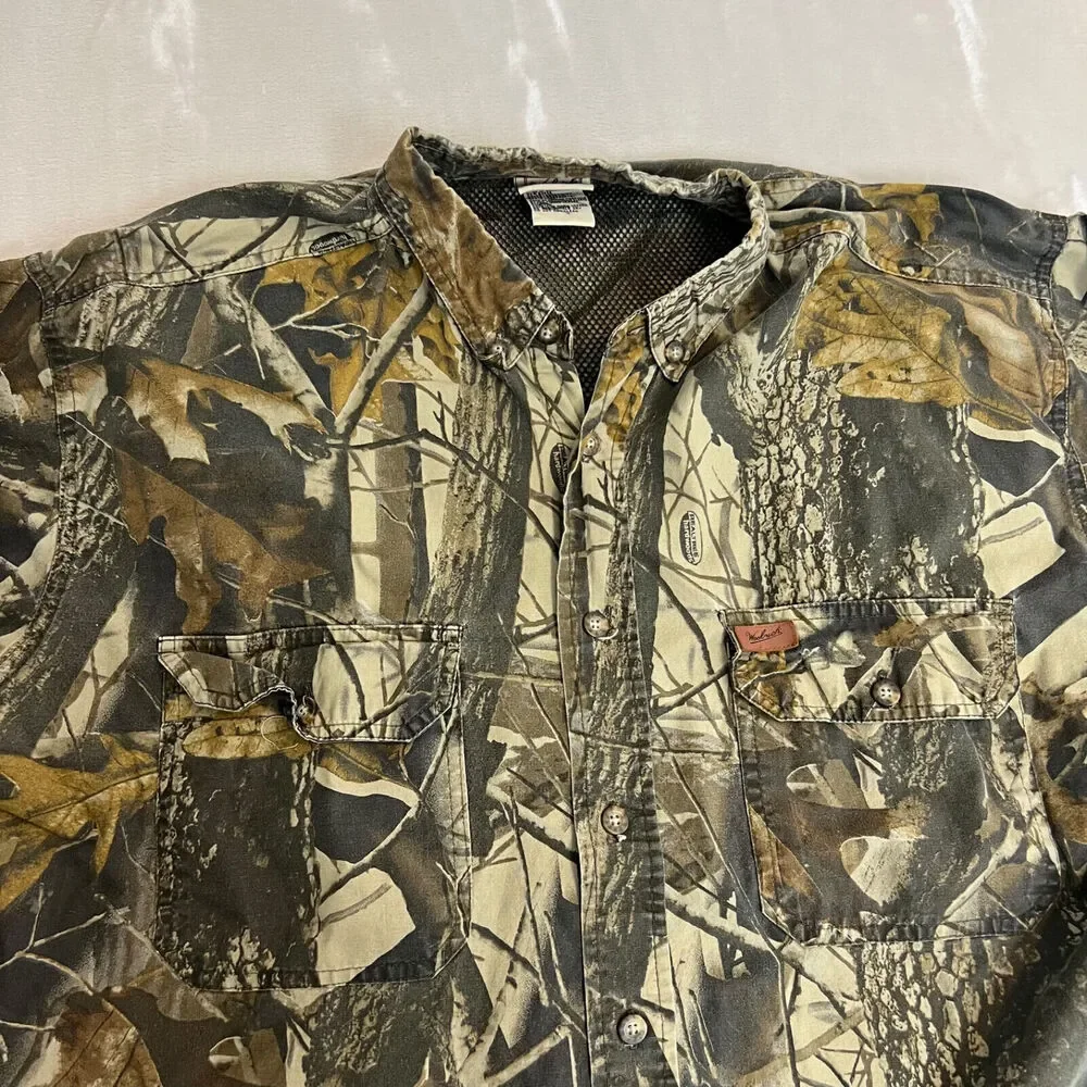 VTG Woolrich Shirt Mens L Camo Hardwoods‎ Button Up Vented Outdoors Grunge FLAW